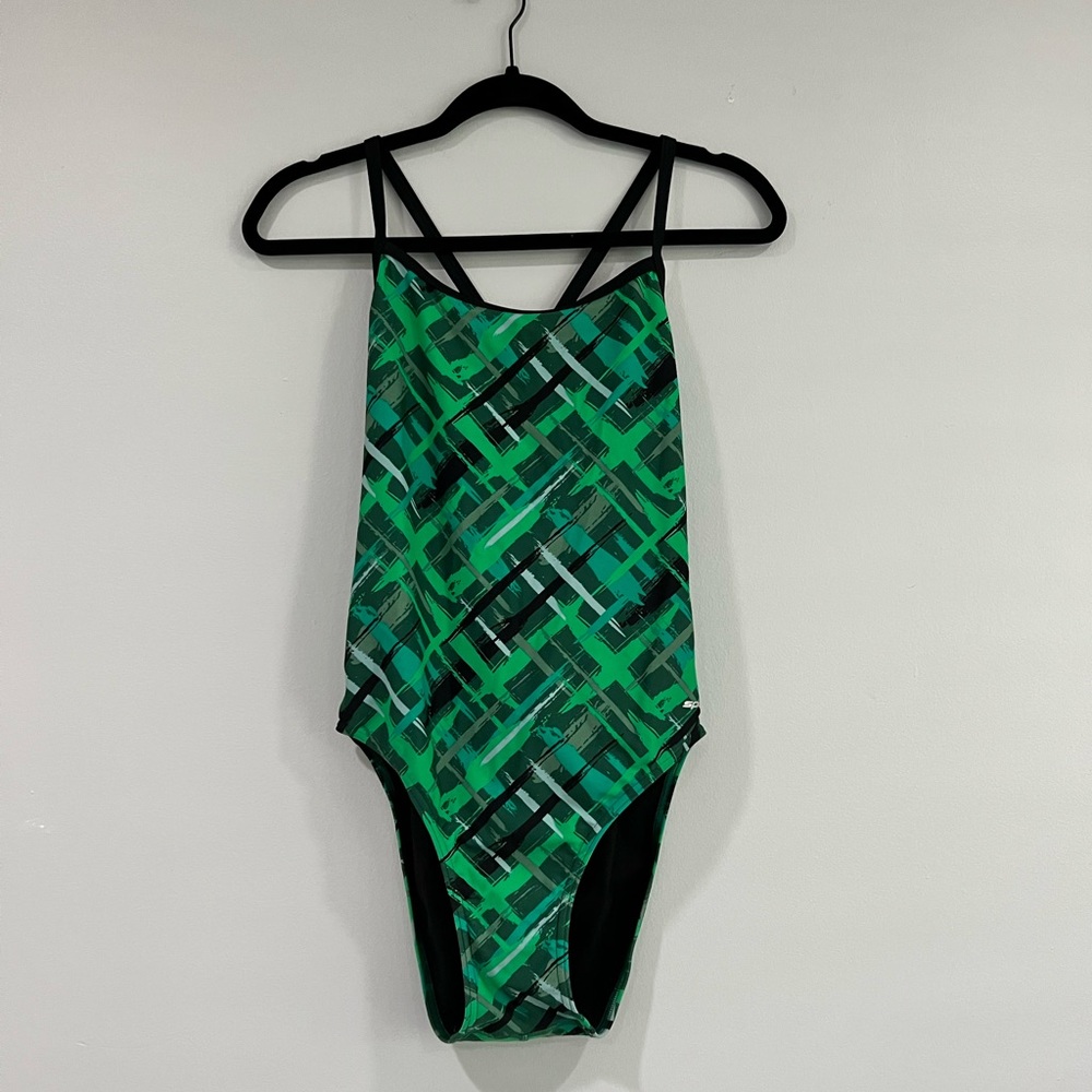 Sporti , womens one piece swimsuit. Green and black pattern. Open back .